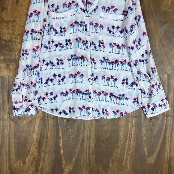 Express Womens Blouse White Palm Tree Portofino V Neck Button Down Sheer M - Picture 3 of 12